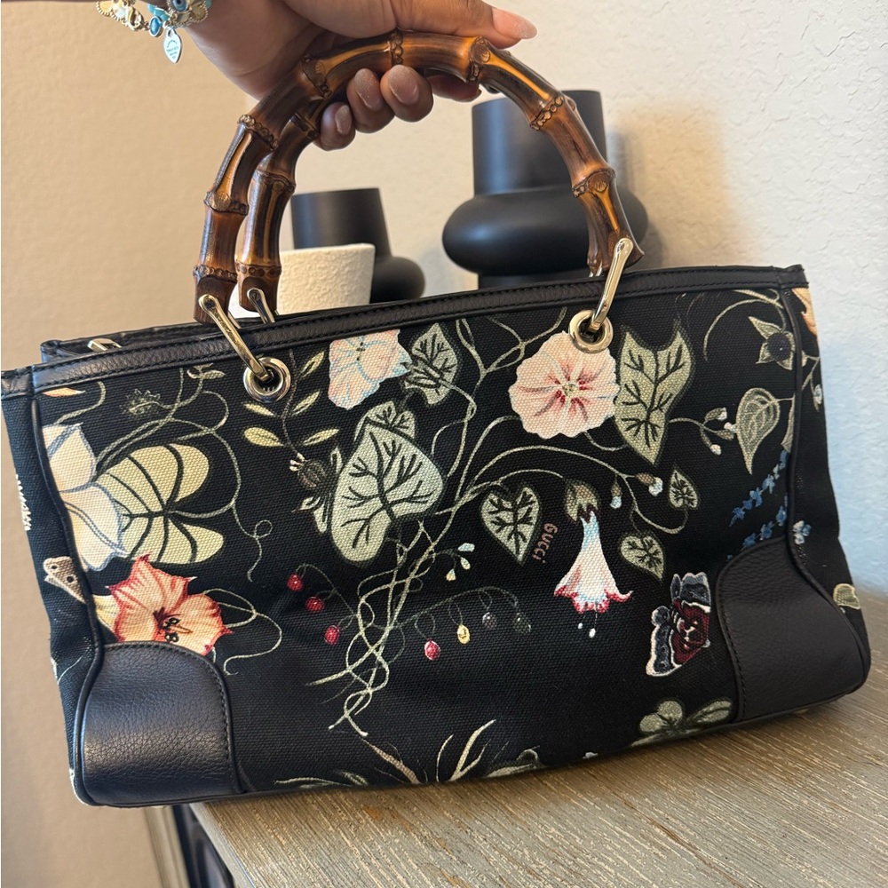 Gucci Floral Black Handbag Knight with Bamboo Handles